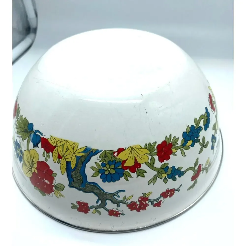 Vintage 1975 Enamelware Bowl with Red‎ Yellow Blue flowers